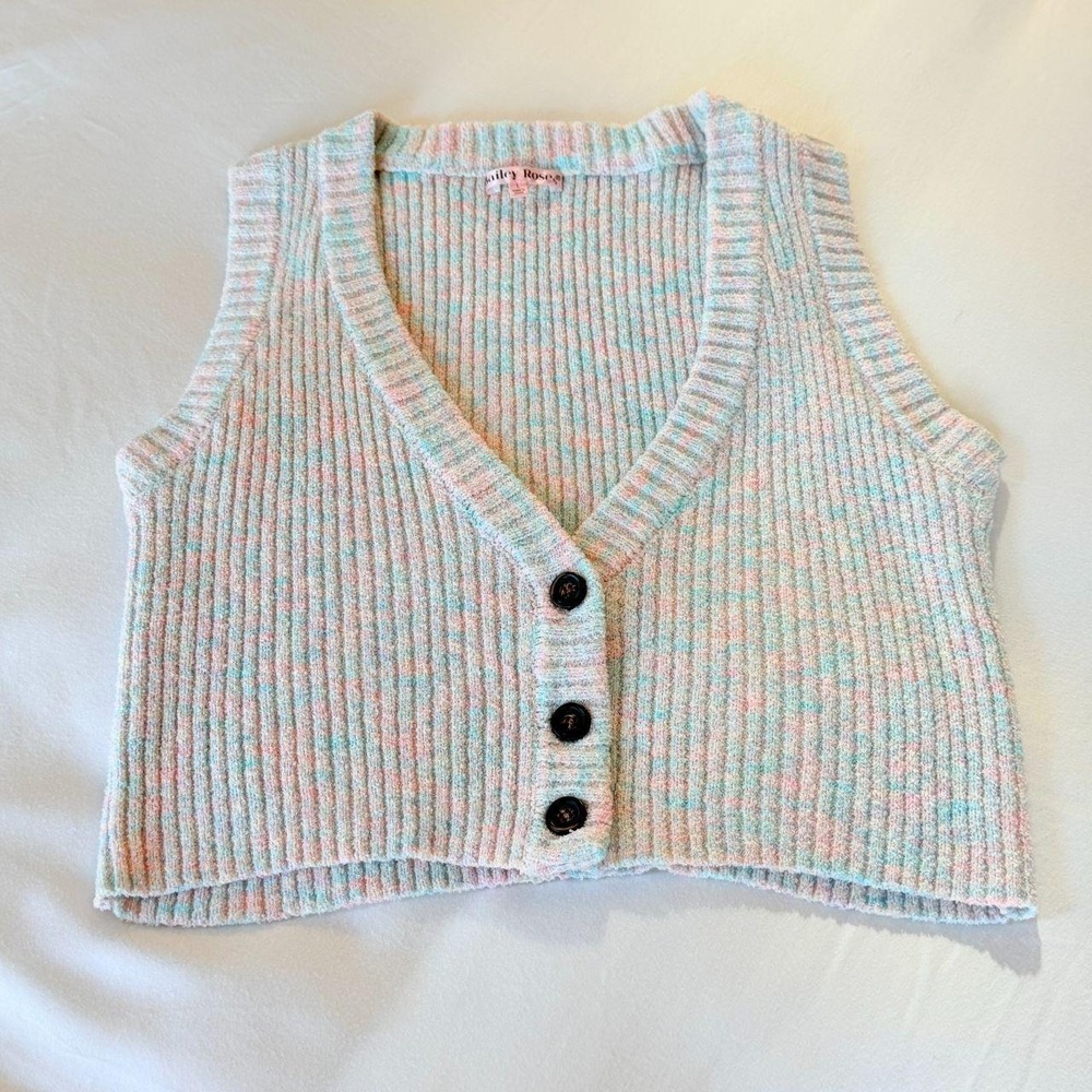 Bailey Rose Pastel Rainbow Ribbed Button Front Sweater Vest Cotton Candy Large